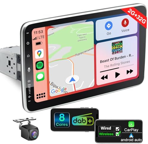 10.1 Inch DAB Radio with Apple CarPlay, 1Din Android Car Radio Bluetooth mit Android Auto, 2G+32G Digital Radio CarPlay Screen for Car with Navi, SWC, AM/FM/DSP, WiFi Rear Camera