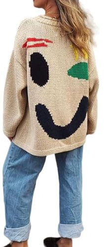 Awayhall Wohlfühl-Strickpullover, farbenfroher, lockerer Damen-Pullover mit Rundhalsausschnitt, lässige, Bequeme Pullover-Oberteile für Paare (Multi Coloured face,L)