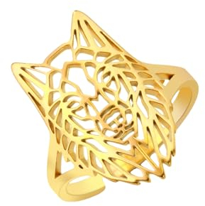 Dreamtimes Vintage Wolf Kopf Biker Ring Schmuck Edelstahl Ring Norse Viking Ringe Wizard Warrior Hunter Wolf Ring Adjustable Thumb Open Ring Blank Animal Rings for Women Mens Gift (Gold)