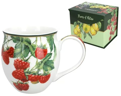 CARMANI - Grande tasse tonneau pour thé, café, chocolat chaud dans une boîte cadeau, décorée avec des baies de rapsberry, 450 ml
