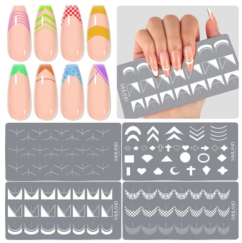 SAVILAND 4-Piece Nail Stamping Plates: Easy French Tip Tools, Stencils for Nail Art, French Manicure, Stripes, Heart, Star Designs DIY