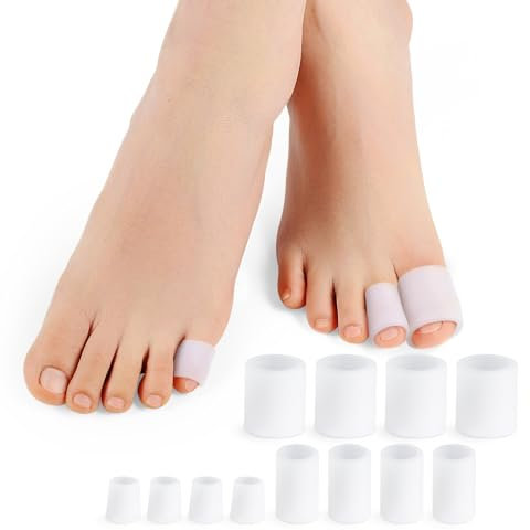 Povihome Toe Sleeves, Toe Protectors, 12 Pack Toe Tube Pads for Hammer Toe,Stubbed Toe,Corns, Calluses Protect (3 Different Sizes, White)
