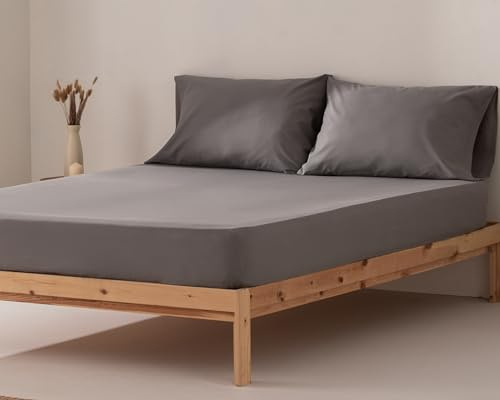 Spannbettlaken, Bettlaken 150 x 200 x 30 cm, 100 % Baumwolle, atmungsaktiv, verstellbar, Dunkelgrau