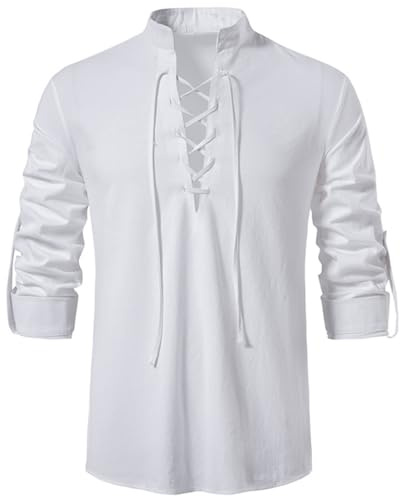 PADOLA Leinenhemd Herren Vintage Mittelalter Hemd mit Schnürung Wikinger Hemd Herren Langarm Steampunk Piratenkostüm Karneval Halloween Kostüm Freizeithemden für Herren Henley Shirt