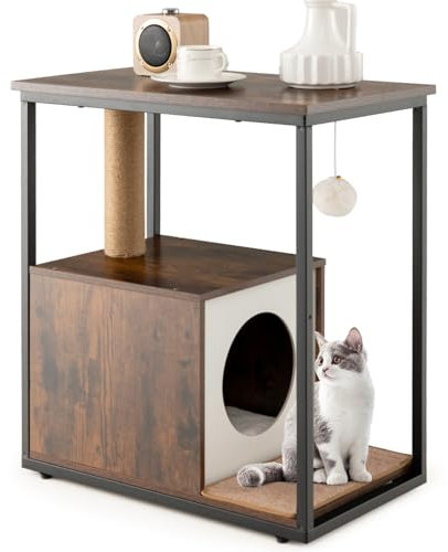 Maxmass Cat House Side Table, Wooden Kitten Tower with Condo, Detachable Cushion, Scratching Post & Mat and Anti-Tipping Kit, Cats Furniture End Table for Living Room Bedroom (Brown, 60x36x66cm)
