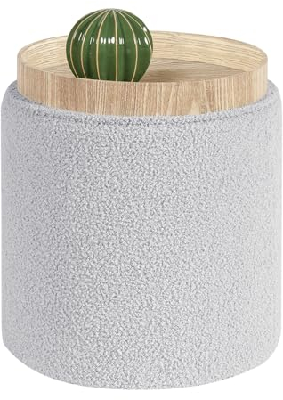 Bonlife Round Ottoman Coffee Table with Storage,Boucle Vanity Stool Chair for Makeup,Upholstered Footstool for Living Room,Bedroom,Grey,34x34x38cm