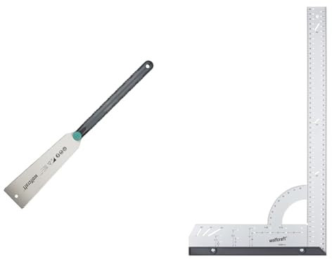 wolfcraft 6951000 - Scie Japonaise - Longueur de 570 mm - Pour Bois, Plastique et Stratifiés & 5206000 Equerre en Aluminium Multifonction | Equerre de menuisier 4-en-1 | Longueur 500 mm