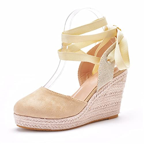 Espadrillas con Lacci da Donna Sandali con Zeppa e Punta Chiusa, per Scarpe Eleganti da Spiaggia, Ballo di fine Anno