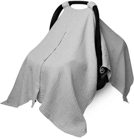 Musselin-Autositzbezug für Babys, Baby-Autositzbezug für Jungen und Mädchen, atmungsaktives Babyschalen-Überdachung, Mehrzweck-Babytragebezug und Stillbezug (Hellgrau)