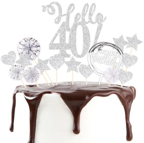 DazzJoy Silber Tortendeko 40 Geburtstag Mann,Torten Deko 40. Geburtstag Frau,Geburtstag 40 Jahre Deko Torte,40 Geburtstag Deko für Torte,40 Jahre Geburtstag Deko,Hello 40 Kuchen Deko Geburtstag