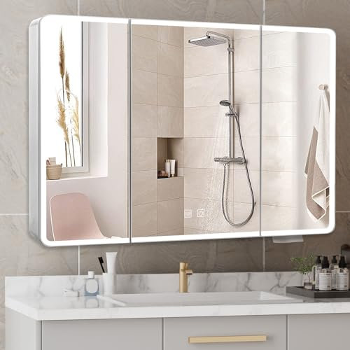 Ereousa Armoire Murale Salle de Bain avec Lumières Dimmables, 90x70x13cm, Meuble de Rangement avec Fonction Anti-buée, Blanc