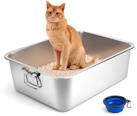 Caja de Arena para Gatos, Arenero Acero Inoxidable Gatos con asa, Bandeja Sanitaria Odor Control, Plato comedero Plegable, Superficie Lisa Antiadherente, 60 x 40 x 15cm