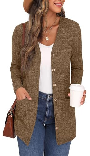 GRECERELLE Damen Leichte Strickjacke Lang mit Taschen und Knöpfen Long Elegant Cardigan V-Ausschnitt Knopfleiste mit Taschen für Damen (Karamell, XXL)