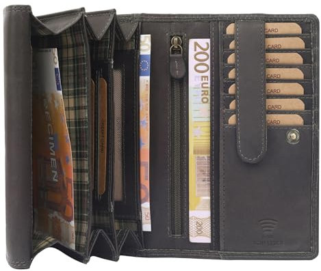 Benthill Damen Geldbörse Echt Leder - XL Portemonnaie mit RFID Schutz - Vintage Portmonee mit viel Platz - Echtleder Damenbörse inkl. Geschenkbox, Farbe:Grau