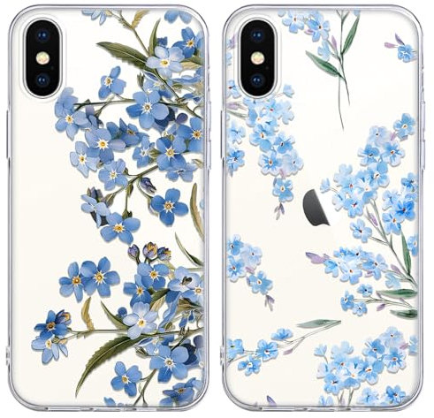 Yoedge 2 Stück Handyhülle für iPhone X/iPhone XS Hülle, Blaue Blumen Muster Mädchen Aesthetic Handyhülle Dünn Weich Durchsichtig Schlanke Silikon Slim Stoßfest Schutzhülle für iPhone XS 5,8