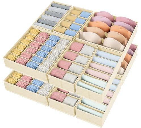 DIMJ 12 Pack Underwear Organisers for Clothing, Sock Bra Underwear Drawer Organizer, Foldable Fabric Drawer Organiser Bins, 114 Cells Dresser Dividers for Clothing Scarves Belt Tie (Beige)