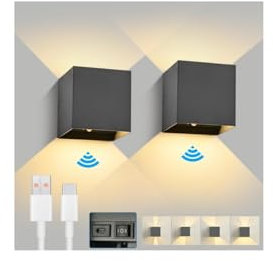 Rohociky 6000mAh Applique da Parete Interno 2 Pezzi Con Sensore di Movimento, 6W Luci a Batteria 3 Modalità 3000K Bianco Caldo Lampada Interno, Nero