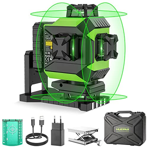 Huepar 16 Lines 4D Laser Level Self-Leveling 4X360° Adjustable Brightness Cross Line Laser Green Laser Level with Pulse Mode, Magnetic Base, Li-ion Battery with Type-C Charging Port, Hard Carry Case
