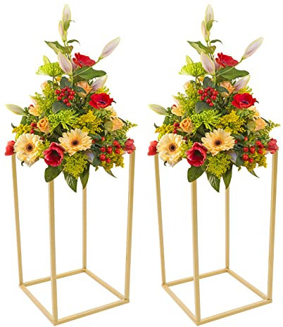 WOLEGM 2 Stück Metall Blumenboden Vase, 40cm Hoch Blumenständer für Home Party Hochzeit Dekorationen, Rechteckige Blumen Display Rack, Gold