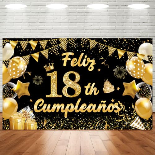 Pancarta Feliz Cumpleaños 18 Años, Pancarta Fondo 18 Cumpleaños 180 * 110cm, Decoracion 18 Cumpleaños Oro Negro, Cartel Feliz Cumpleaño Adornos de Fiesta Chico Chica