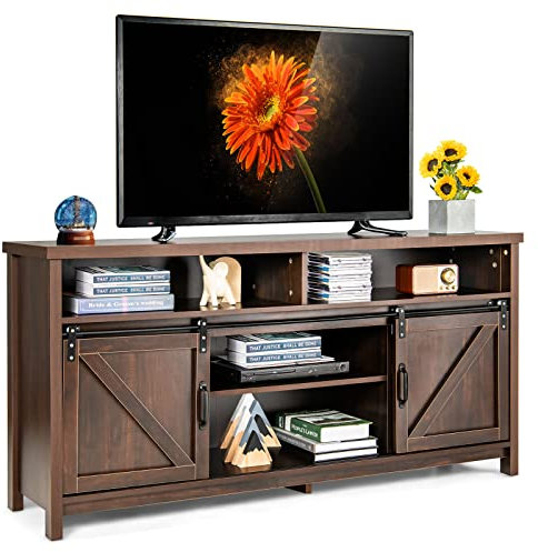 COSTWAY TV Stand for TVs up to 65 Inch, Farmhouse TV Cabinet Media Entertainment Center with Sliding Barn Doors and Adjustable Shelf, 150cm TV Unit Console Table for Living Room Bedroom (Brown)