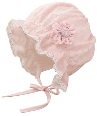 HEOXIN Säugling Baby Mädchen Spitze Sonnenhut, Kleinkind Sommer Strand Sonnenhut mit Blumendekoration, Prinzessin Ohrenschutz Bonnet Cap mit Verstellbarem Kinnriemen für 1-12 Monate, Rosa