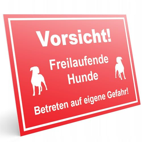 PRINTIMA Vorsicht Hund Schild PVC, Vorsicht! Freilaufende Hunde, Betreten auf eigene Gefahr, Rot, Gelb oder Weiß, 32x21cm oder 40x30cm – Wetterfest und gut sichtbar (Rot und Weiß, 32x21cm)