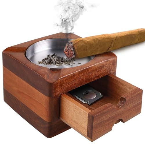 Holz Zigarren Aschenbecher, Aschenbecher 4 Schlitzen Quadratischer Aschenbecher mit Abnehmbarer Aschenbecher Schublade Zigarren Zubehör für Heimbüro Zigarren Geschenke für Männer