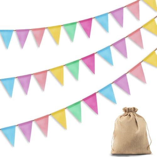 Dusor Wimpelkette Outdoor, 3 Stück Wimpelkette Kinderzimmer + Jutesäckchen Wetterfest, Matschküche Spielturm Zubehör, Happy Birthday Girlande Geburtstag, für Party Deko, Einschulung Deko