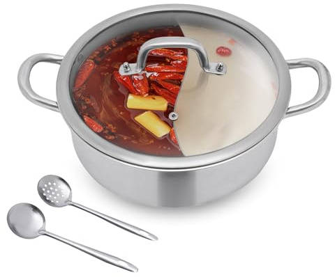 Hotpot Topf aus 304 Edelstahl, Geteilte Hot Pot Pfanne mit 2 Suppenkellen, Dual Shabu mit Transparenter Topfdeckel aus Glas, für Party Haushalten, 28.3 x 13cm, Silber