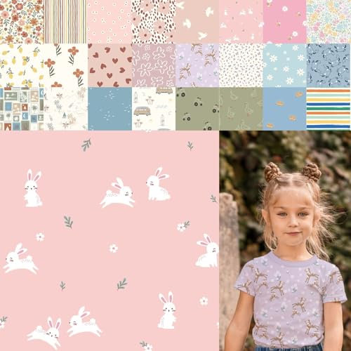 Baumwolljersey bedruckt, Jersey Stoff Meterware Sommer, Jerseystoff Blumen - Strickjersey Kinderdrucke - Stretchstoff Mädchen, BW-Jersey Jungs *ab 50cm, Farbe: 80-A91-011 Hasen