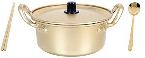 PRETYZOOM Pentola Korean Soup Noodles con Doppio Manico e Coperchio in Alluminio Antiaderente e Sicura Completo per Cucina Domestica e Outdoor capacità con Cucchiaio Dorato
