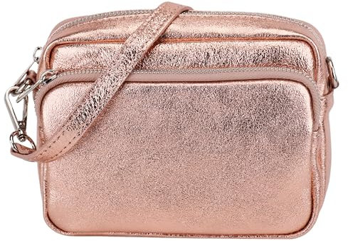 SH Leder Echtleder Umhängetasche Clutch kleine Tasche Abendtasche Alltagstasche mit Verstellbar Schultergurt 18x13cm Pia G394 (Rosegold)