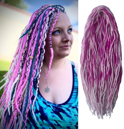22 Wool Double Ended Dreadlock Extensions, 15 Strands Handmade White Mixed Pink Wool DE Dreads Extensions, Hippie Soft Dreads Style for Woman