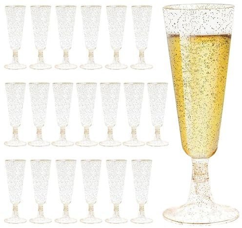 Polartreehome Set di 20 bicchieri da champagne in plastica dorata, 150 ml, bicchieri da champagne con glitter dorati, eleganti flauti da champagne per matrimoni, feste, cocktail