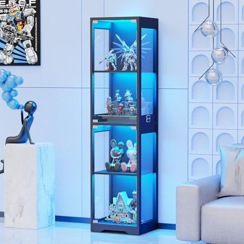 BROTTAR 63 Tall Display Cabinets with Glass Doors, Glass Bookcase Bookshelf with 3 Color Lights & Human Body Sensor, File Cabinets for Office Living Room Bedroom Furniture, Black