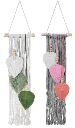 2 Stück Makramee Wandbehang, Boho Wanddeko, Handgemacht Gewebte Spitzenbehänge mit Keine Spur Nägel, Natur Wandteppich mit Quasten Und Blätter für Schlafzimmer,Indoor, Wohnzimmer,Geschenke-66*20cm