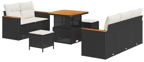 vidaXL Gartensofa-Set 8 pcs Schwarz Poly-Rattan, Garten und Terrasse, modernes Sofa-Set für draußen, Poly-Rattan Liege, Akazien-Holztisch, modulare Entspannung Möbel