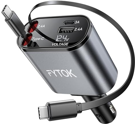 4in1 Car Charger Retractable Car Phone Charger 30W Cigarette Lighter USB Charger with 2 Retractable Type-C Cables 2.6FT and 2 USB Ports 12V Car USB Adapter Compatible with Samsung Galaxy Phone17/16/15