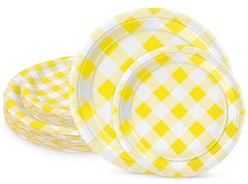 LIKAJON 50 Pcs Yellow and White Checkered Paper Plates, 25 Pcs 9 and 25 Pcs 7 Disposable Yellow Dessert Plates for Graduation Wedding Baby Shower Birthday Party Picnic BBQ