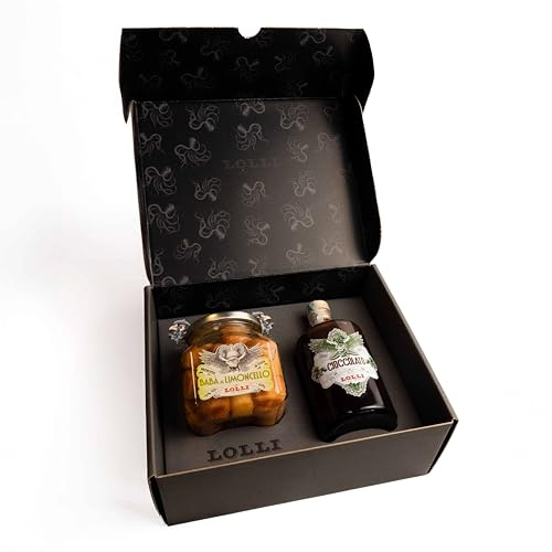 LOLLI - Luxury Box Set limited edition, babà napoletano e liquore, set per regali ed occasioni speciali, babà vaso 620g e liquore in bottiglia 500ml (Box, Babà al Limoncello e Liquore al Cioccolato)