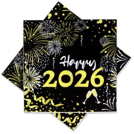 Servietten Silvester Deko 2026, 32 Stück Happy New Year Servietten Schwarz Gold, Papierservietten Neujahr mit Motiv für Silvester 2026 Tischdeko 33x33cm