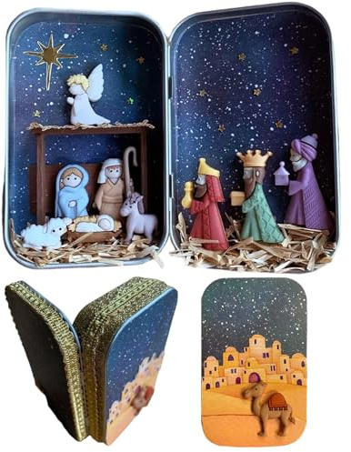 Muzrunq Weihnachtskrippen-Set, 8, 9 x 11, 4 x 2 cm, religiöse Krippenszene und Figuren der Heiligen Familie, Ornament in Box für die Tischdekoration zu Hause und im Innenbereich