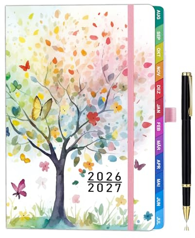 ZXHQ Schulplaner 2026–2027, 100g/m2, A5, Terminplaner 26-27 mit Monatsübersicht, Hardcover, Innentasche, 208 Seiten, 16,5 x 22 cm, Regenbogenbaum