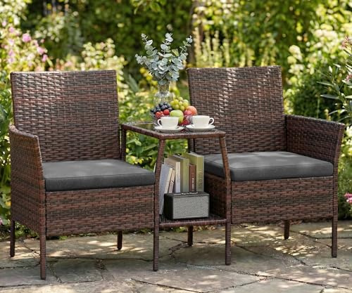 UDPATIO Gartenbank Wetterfest 2-Sitzer mit Integriertem Tisch, Polyrattan Sitzbank mit Stauraum, BalkonBank Sitzgruppe Outdoor Gatten, Grau