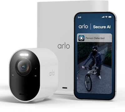 Arlo Ultra 3 säkerhetskamera utomhus, 4K UHD, trådlös CCTV, 6 månaders batteri, färg nattvision, väderbeständig, ljus spotlight, 2-vägs ljud, 1 kamerakit, Arlo Secure Trial ingår, vit