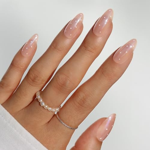 Glamnetic Press On Nails - Medium Oval, Glazed Fake Nails 30 Pc Full Kit | Nude polka dot press on nails, 15 sizes. Summer nails, glue-on set. Water-resistant, chip-resistant, up to 2 weeks wear