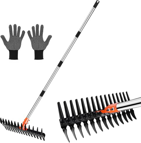 Tolia Vertikutierrechen für Rasenflächen – 38 cm breiter Rechen mit Zwei-Seiten-Zinken & 145 cm verstellbarem Stiel, Hochbelastbarer Gartenrechen aus Stahl inkl. Rutschfester Handschuhe