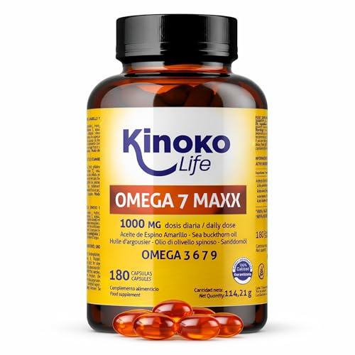OMEGA 7 MAXX 180 Kapslar (3 Månader) Havtornsolja 1000 mg Daglig Dos (500 mg per Kapsel) Omega 3 6 7 9 + Vitamin E Hud och Slemhinnor Ögonkomfort Naturlig och Glutenfri