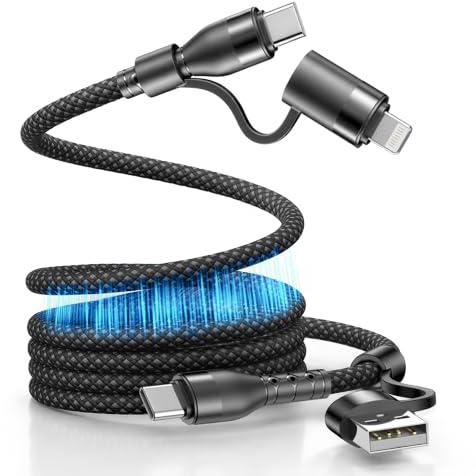 NEWZEROL 100W Magnetic 4-in-1 Charging Cable for iPhone, MacBook, Samsung | USB C / Lightning / USB A fast charging cable,100W magnetic anti-tangle braided, car & travel, easy to store - 1M Black